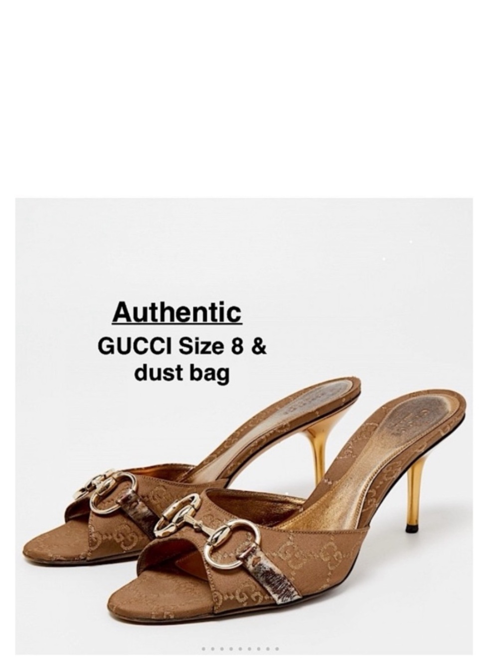 GUCCI Crystal Horsebit GG Heeled Monogram Gold Stiletto Mules size 8 & dust bag - Picture 1 of 17
